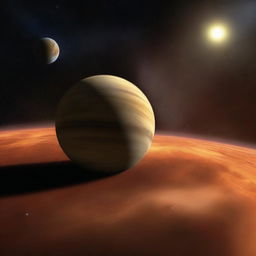 A digital rendering of an alternate reality where Venus has become a gas giant, set against the backdrop of the solar system.