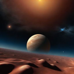 A digital rendering of an alternate reality where Earth has become a gas giant, set against the backdrop of the solar system.