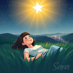 An illustration of a young woman named Sara lying in lush green grass during a serene night, gazing up at a sparkling starry sky