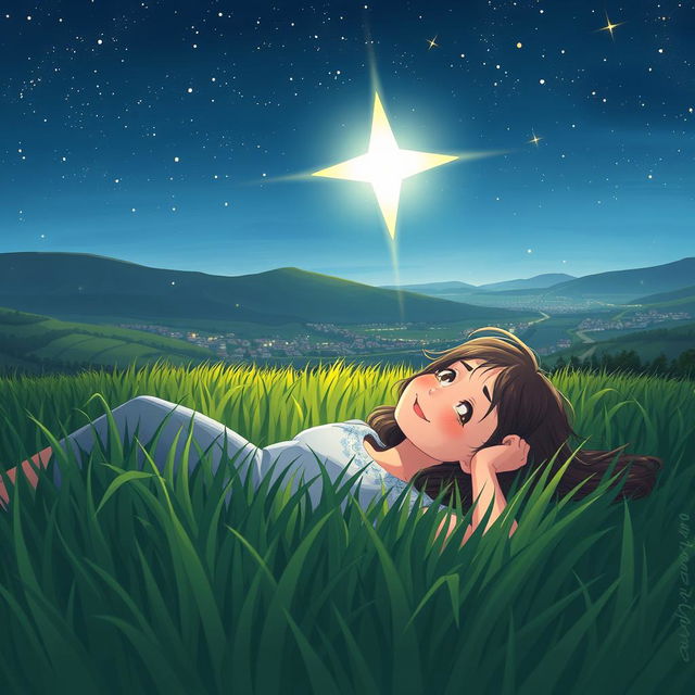 An illustration of a young woman named Sara lying in lush green grass during a serene night, gazing up at a sparkling starry sky