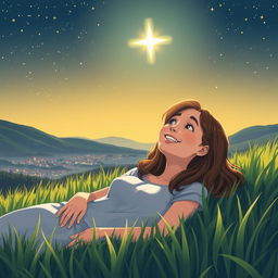 An illustration of a young woman named Sara lying in lush green grass during a serene night, gazing up at a sparkling starry sky