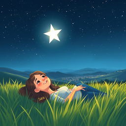 An illustration of a young woman named Sara lying in lush green grass during a serene night, gazing up at a sparkling starry sky