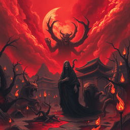 An evocative illustration depicting a soul trapped in the Eastern Hell, surrounded by a landscape of haunting beauty and torment