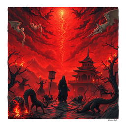 An evocative illustration depicting a soul trapped in the Eastern Hell, surrounded by a landscape of haunting beauty and torment