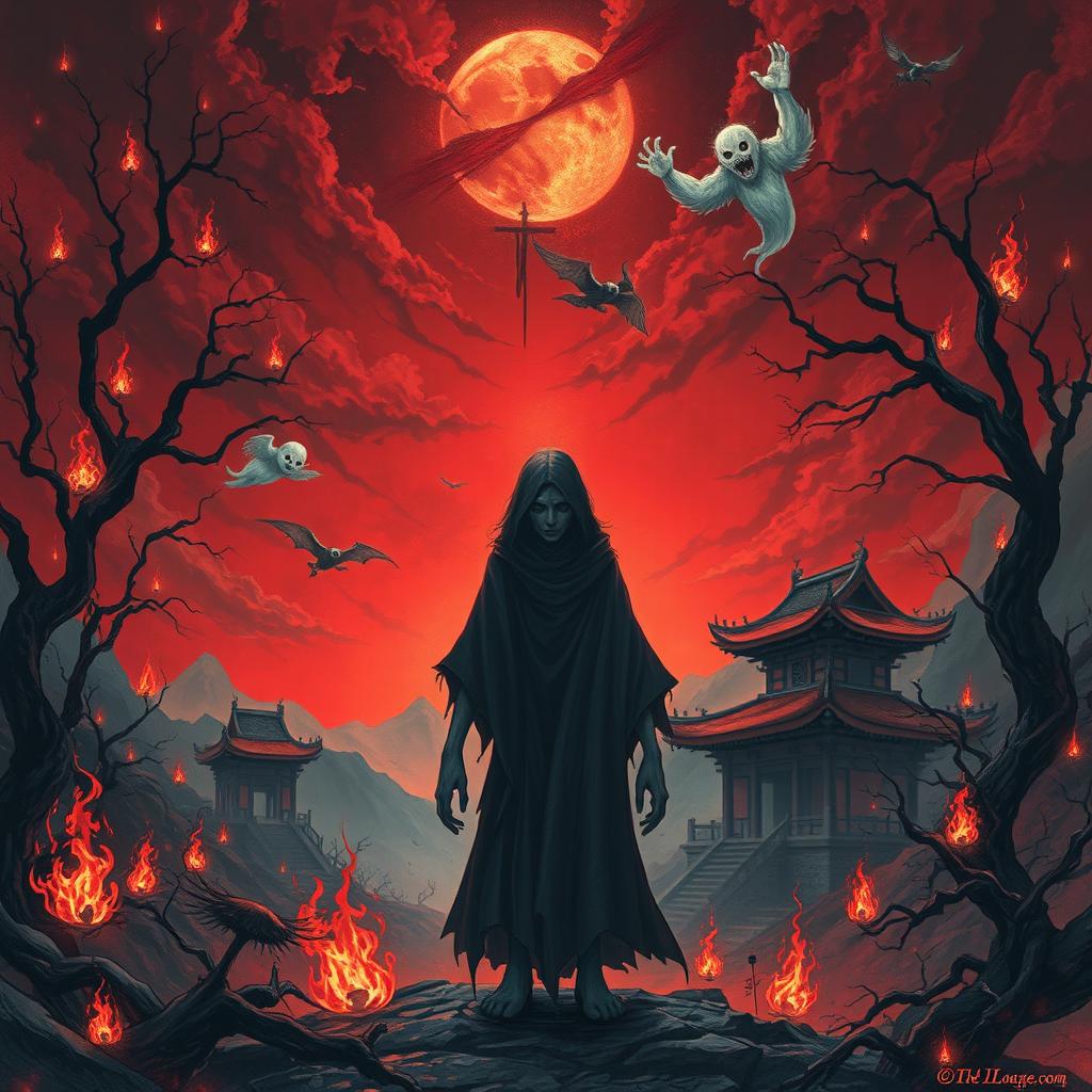 An evocative illustration depicting a soul trapped in the Eastern Hell, surrounded by a landscape of haunting beauty and torment