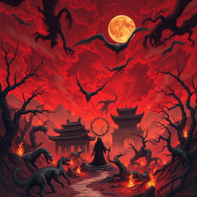 An evocative illustration depicting a soul trapped in the Eastern Hell, surrounded by a landscape of haunting beauty and torment