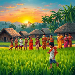 A vibrant and evocative scene depicting the journey from childhood to youth within Bengali culture