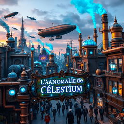 A bustling steampunk city infused with vibrant blue energy, under a dusky sky