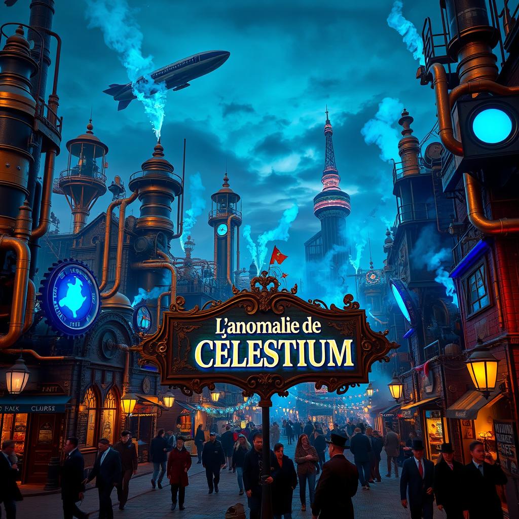 A bustling steampunk city infused with vibrant blue energy, under a dusky sky