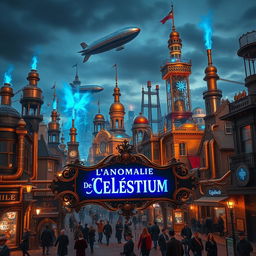 A bustling steampunk city infused with vibrant blue energy, under a dusky sky