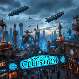 A bustling steampunk city infused with vibrant blue energy, under a dusky sky
