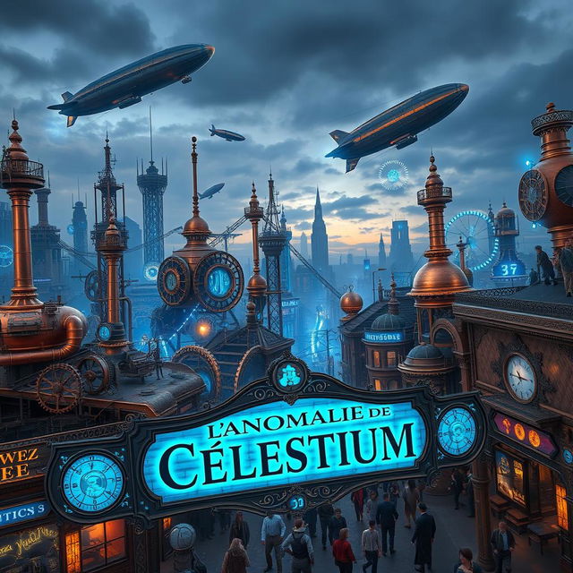 A bustling steampunk city infused with vibrant blue energy, under a dusky sky