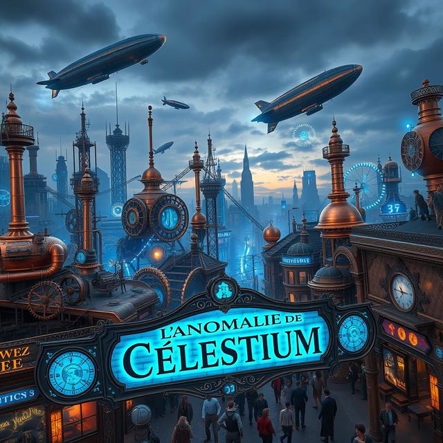 A bustling steampunk city infused with vibrant blue energy, under a dusky sky