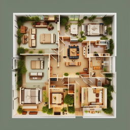 Create a detailed floor plan of a 4 bedroom, L-shaped, ground-level house.