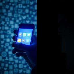 A split image depicting two contrasting sides: on the left, a glowing smartphone with a vibrant screen displaying social media icons, casting a bright blue and white light; on the right, a dark, shadowy figure partially obscured in darkness, with an ambiguous expression