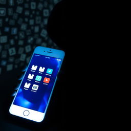 A split image depicting two contrasting sides: on the left, a glowing smartphone with a vibrant screen displaying social media icons, casting a bright blue and white light; on the right, a dark, shadowy figure partially obscured in darkness, with an ambiguous expression