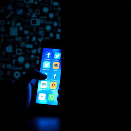 A split image depicting two contrasting sides: on the left, a glowing smartphone with a vibrant screen displaying social media icons, casting a bright blue and white light; on the right, a dark, shadowy figure partially obscured in darkness, with an ambiguous expression