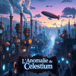 A vibrant steampunk city brimming with blue energy, under a luminous twilight sky