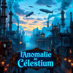 A vibrant steampunk city brimming with blue energy, under a luminous twilight sky