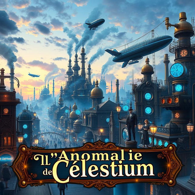 A vibrant steampunk city brimming with blue energy, under a luminous twilight sky