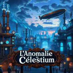 A vibrant steampunk city brimming with blue energy, under a luminous twilight sky