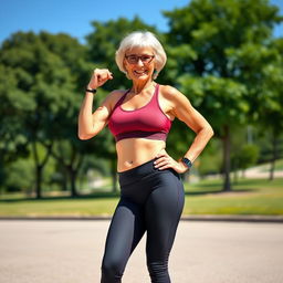 An inspiring and fit grandmother showcasing a perfect physique, dressed in stylish activewear comprising a snug top and leggings that complement her toned body