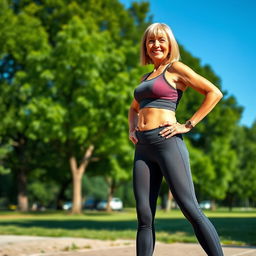 An inspiring and fit grandmother showcasing a perfect physique, dressed in stylish activewear comprising a snug top and leggings that complement her toned body