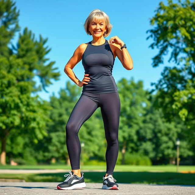 An inspiring and fit grandmother showcasing a perfect physique, dressed in stylish activewear comprising a snug top and leggings that complement her toned body