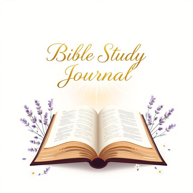 A beautifully designed cover for a Bible study journal, featuring an elegant layout with a soft pastel background, perhaps light blue or lavender