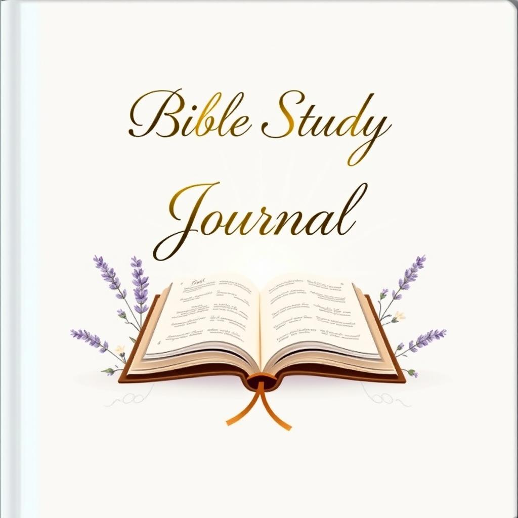 A beautifully designed cover for a Bible study journal, featuring an elegant layout with a soft pastel background, perhaps light blue or lavender