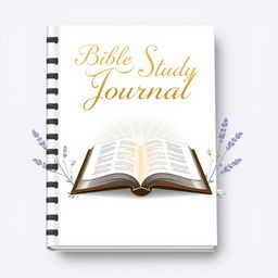 A beautifully designed cover for a Bible study journal, featuring an elegant layout with a soft pastel background, perhaps light blue or lavender