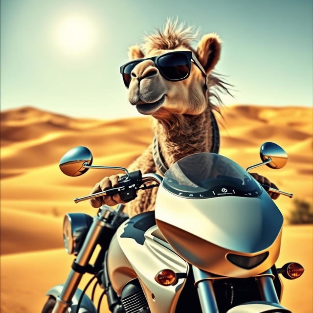 A whimsical and humorous scene featuring a camel wearing stylish sunglasses, confidently perched on a motorcycle