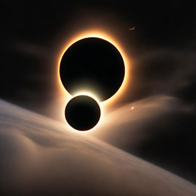 A digital rendering of a solar eclipse as seen from Jupiter, with one of Jupiter's moons casting a shadow on the planet's swirling clouds