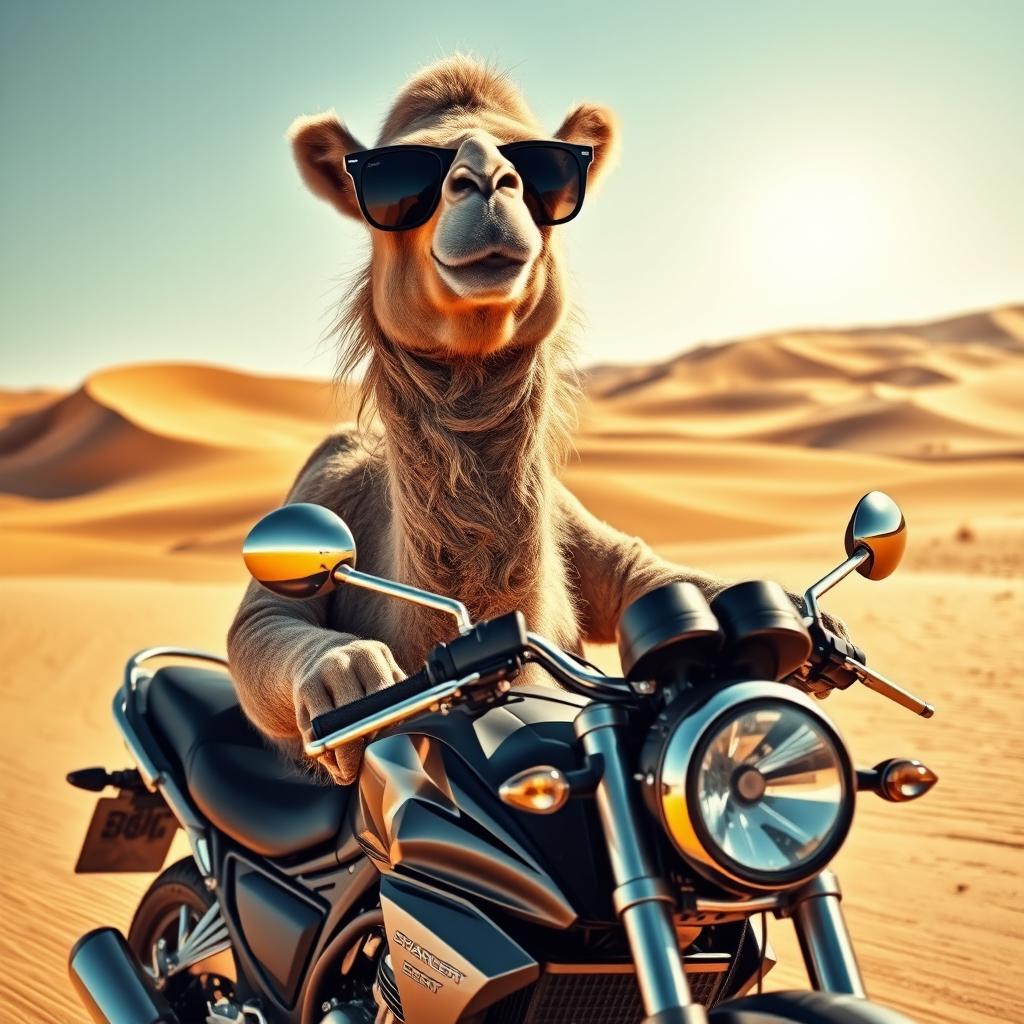 A whimsical and humorous scene featuring a camel wearing stylish sunglasses, confidently perched on a motorcycle