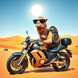 A whimsical and humorous scene featuring a camel wearing stylish sunglasses, confidently perched on a motorcycle