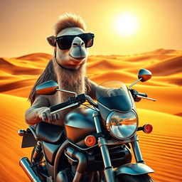 A whimsical and humorous scene featuring a camel wearing stylish sunglasses, confidently perched on a motorcycle