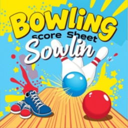 An artistic and colorful design for a bowling score sheet cover, featuring a dynamic bowling scene with a bowling ball striking pins in full action