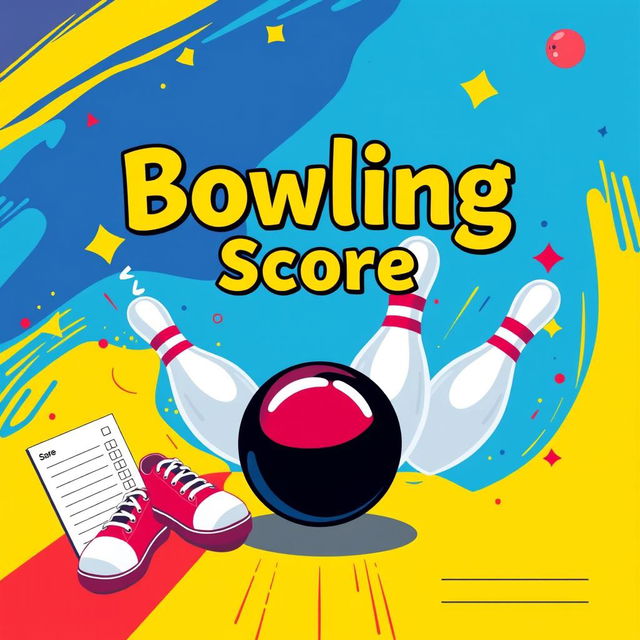 An artistic and colorful design for a bowling score sheet cover, featuring a dynamic bowling scene with a bowling ball striking pins in full action