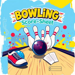 An artistic and colorful design for a bowling score sheet cover, featuring a dynamic bowling scene with a bowling ball striking pins in full action