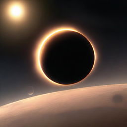 A digital rendering of a solar eclipse as seen from Jupiter, with one of Jupiter's moons casting a shadow on the planet's swirling clouds