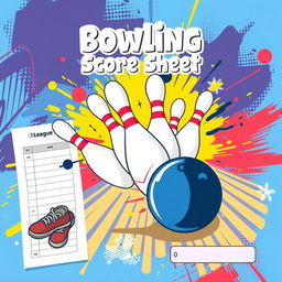 An artistic and colorful design for a bowling score sheet cover, featuring a dynamic bowling scene with a bowling ball striking pins in full action