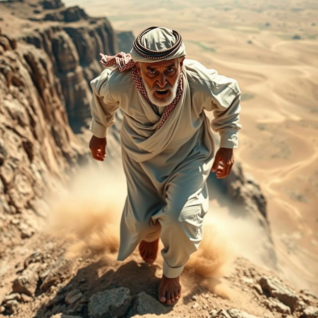 An elderly man dressed in traditional Arab clothing, including a flowing white dishdasha and a keffiyeh, is depicted in a dramatic scene as he climbs rapidly up a rocky mountain slope