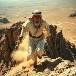 An elderly man dressed in traditional Arab clothing, including a flowing white dishdasha and a keffiyeh, is depicted in a dramatic scene as he climbs rapidly up a rocky mountain slope