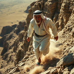 An elderly man dressed in traditional Arab clothing, including a flowing white dishdasha and a keffiyeh, is depicted in a dramatic scene as he climbs rapidly up a rocky mountain slope