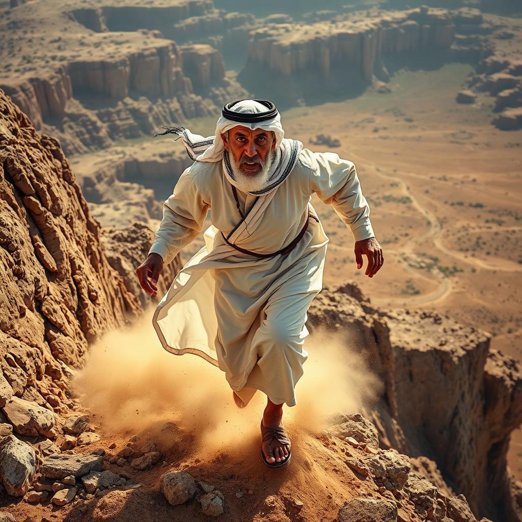 An elderly man dressed in traditional Arab clothing, including a flowing white dishdasha and a keffiyeh, is depicted in a dramatic scene as he climbs rapidly up a rocky mountain slope