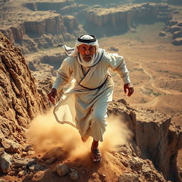 An elderly man dressed in traditional Arab clothing, including a flowing white dishdasha and a keffiyeh, is depicted in a dramatic scene as he climbs rapidly up a rocky mountain slope