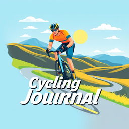 A beautifully designed cycling journal cover featuring a vibrant and dynamic illustration of a road cyclist racing through a scenic landscape