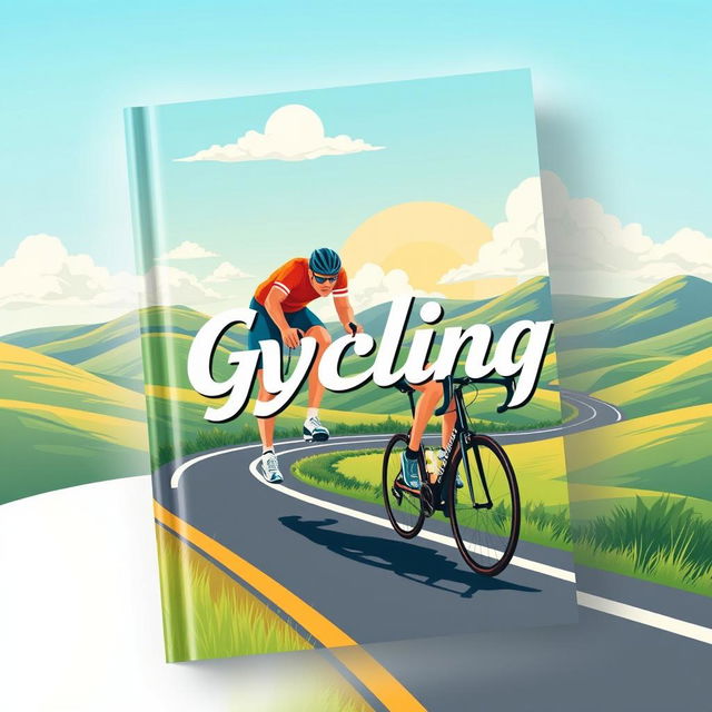 A beautifully designed cycling journal cover featuring a vibrant and dynamic illustration of a road cyclist racing through a scenic landscape