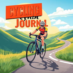 A beautifully designed cycling journal cover featuring a vibrant and dynamic illustration of a road cyclist racing through a scenic landscape
