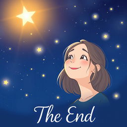 An illustration of a young woman named Sara smiling contently at a captivating starry sky, surrounded by softly glowing stars that twinkle brightly